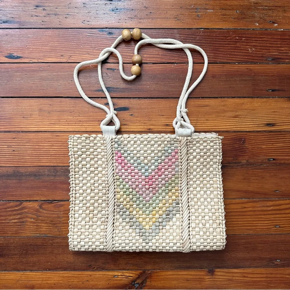 Vintage early 80s large woven straw flat shoulder bag